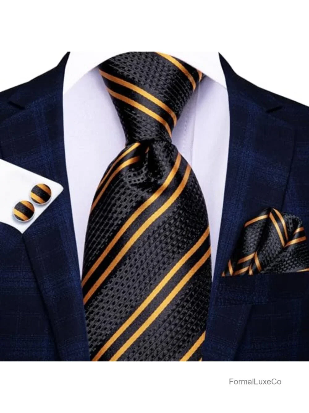 Hi-Tie Men's Silk Stripe Paisley Necktie Set with Pocket Square & Cufflinks,